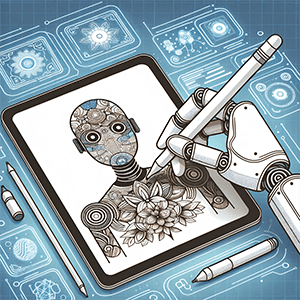 Illustration of a coloring book page being designed with AI