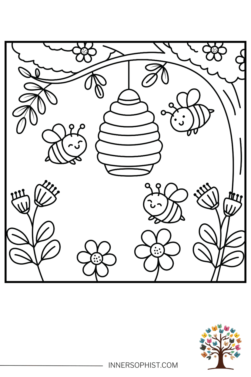 Bees Around Hive Coloring Page