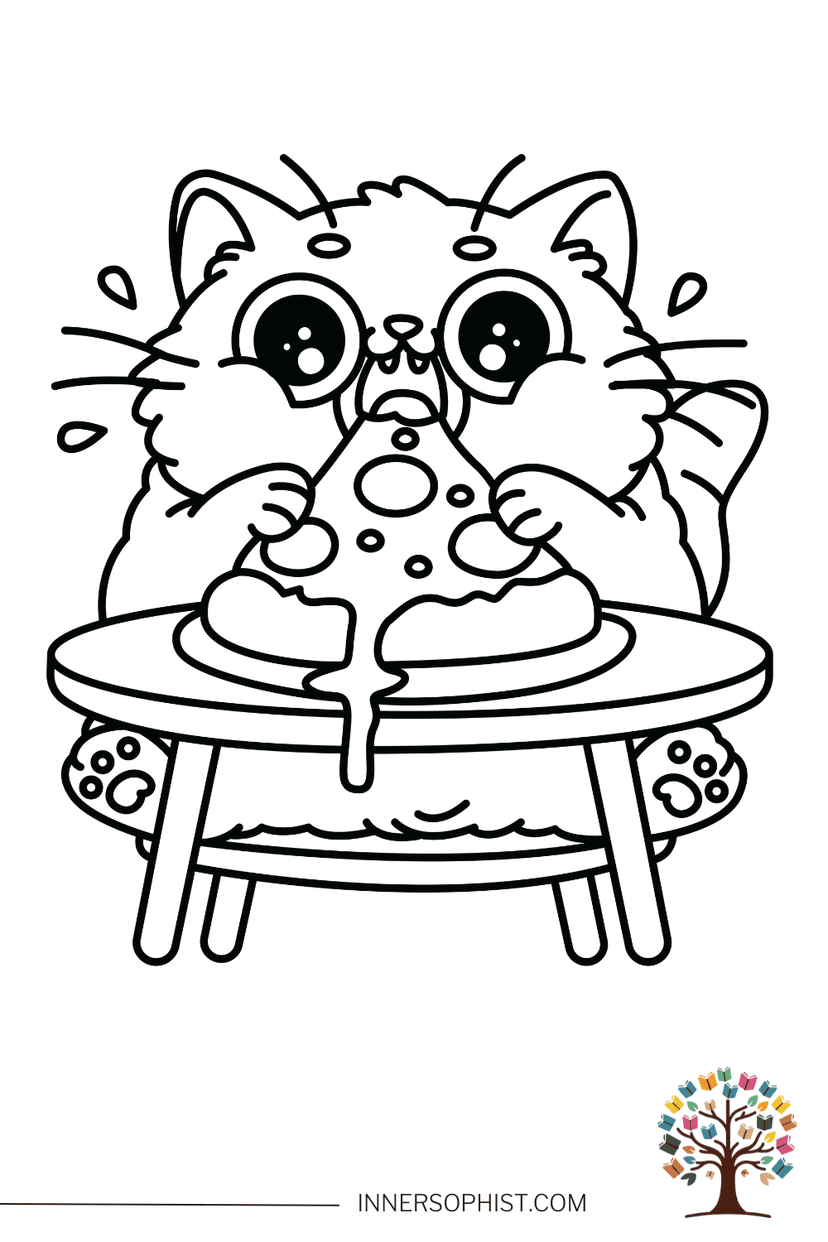 Cat Eating Pizza Coloring Page