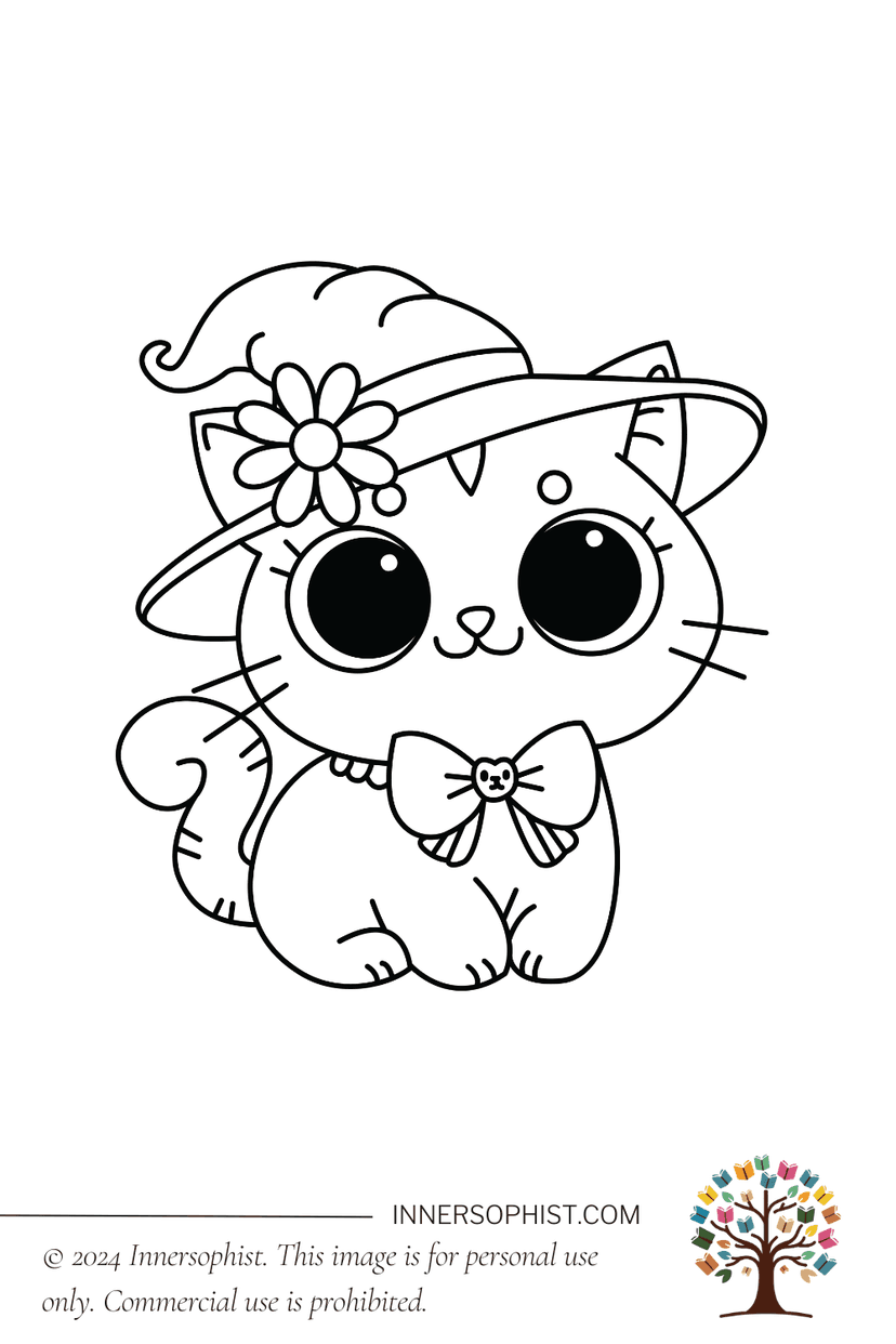 Adorable Cat in a Hat - Coloring Page