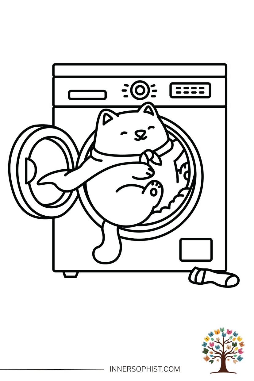 Cat in Washing Machine Coloring Page