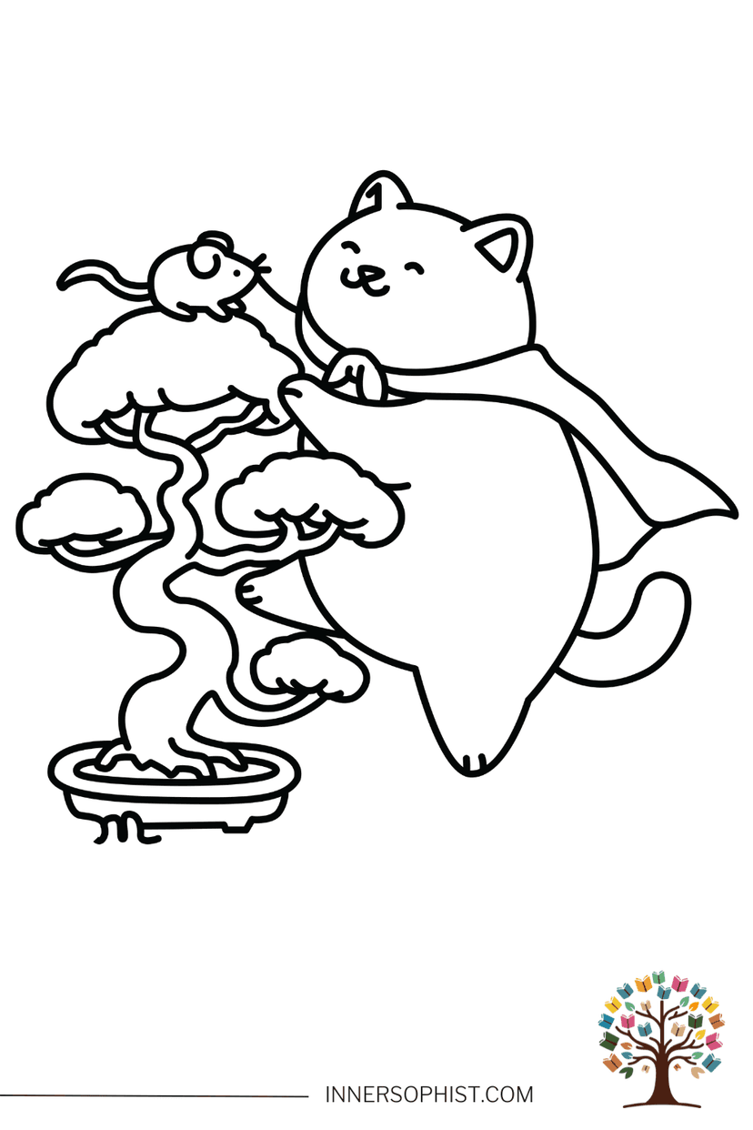 Cat with Bonsai Tree Coloring Page