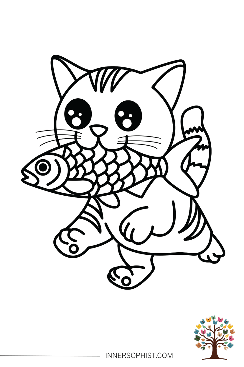 Cat with Fish - Coloring Page