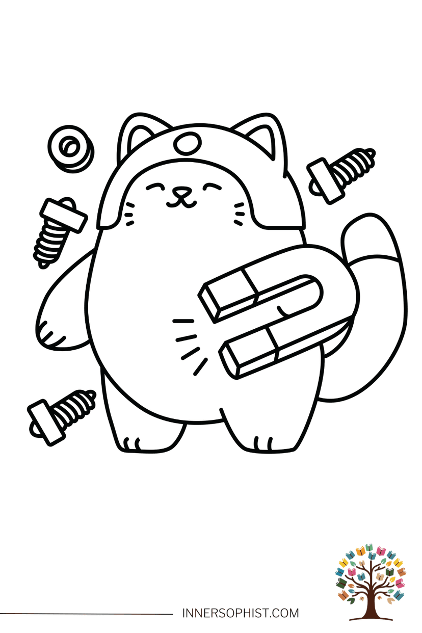 Cat with Magnet Coloring Page