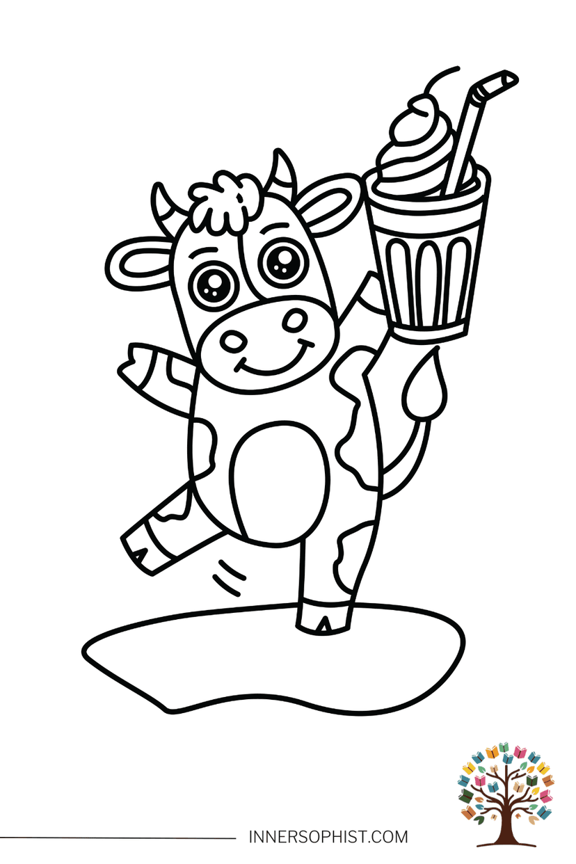 Cow with Milkshake - Coloring Page