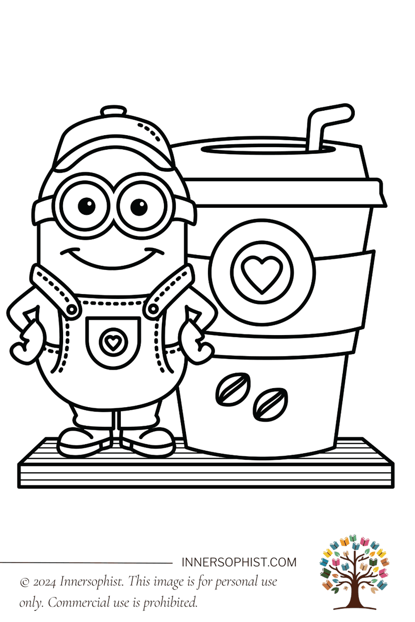 Minion with Coffee Cup - Coloring Page