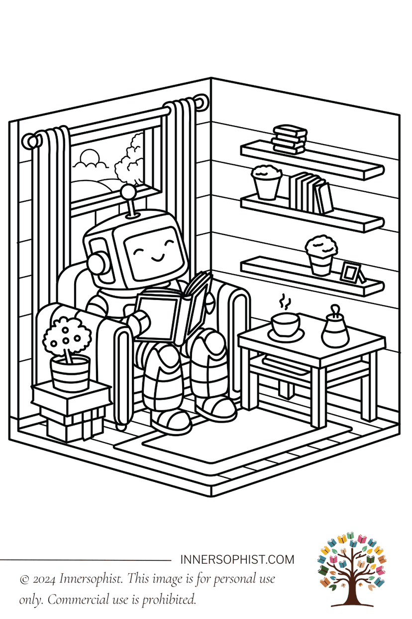 Robot Reading - Coloring Page