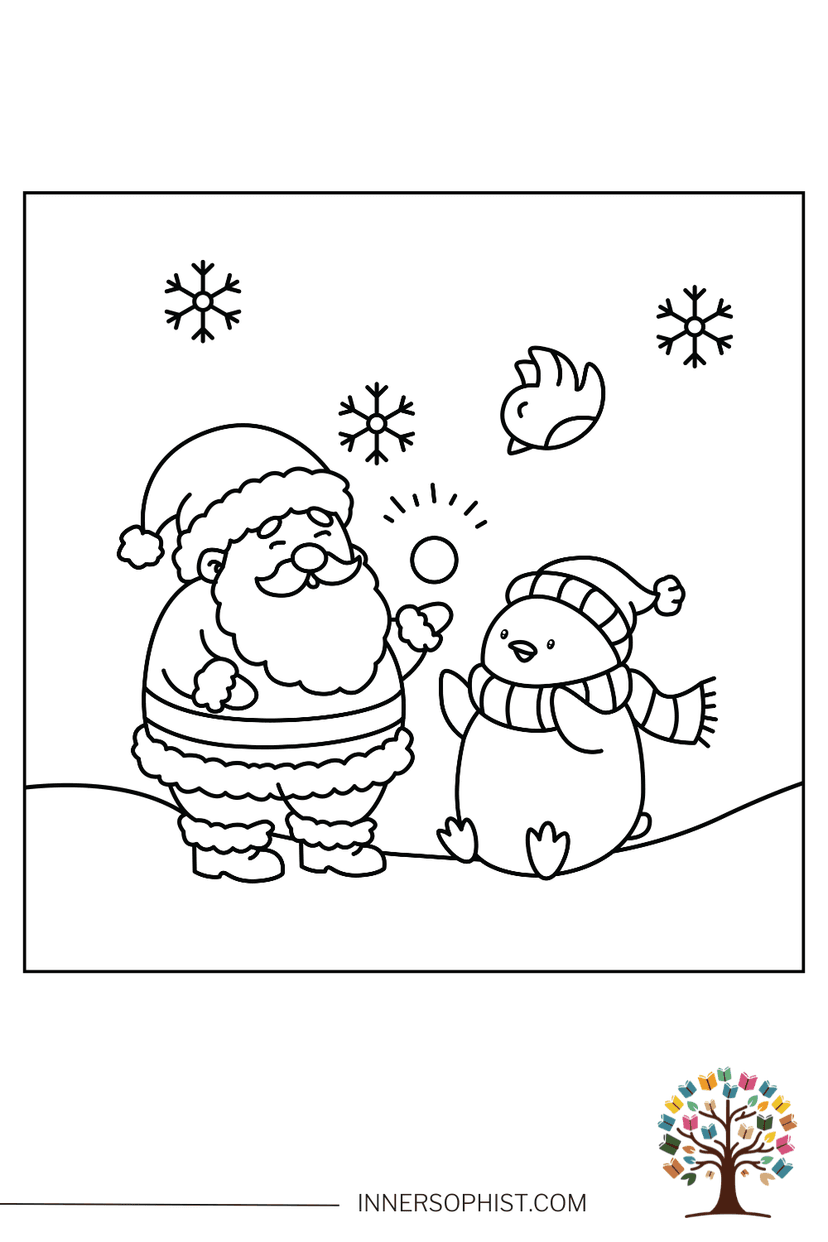 Santa Playing with Penguin Coloring Page