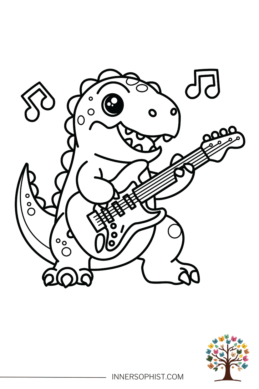 T-Rex Playing Guitar - Coloring Page