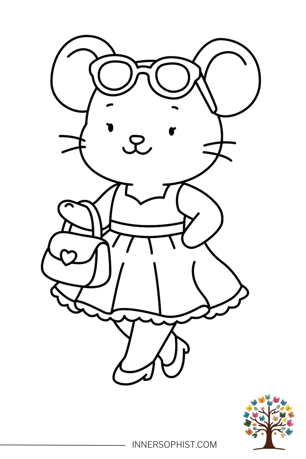 Cute fashionable kawaii mouse wearing dress sunglasses on head and heart purse handbag with heels coloring page