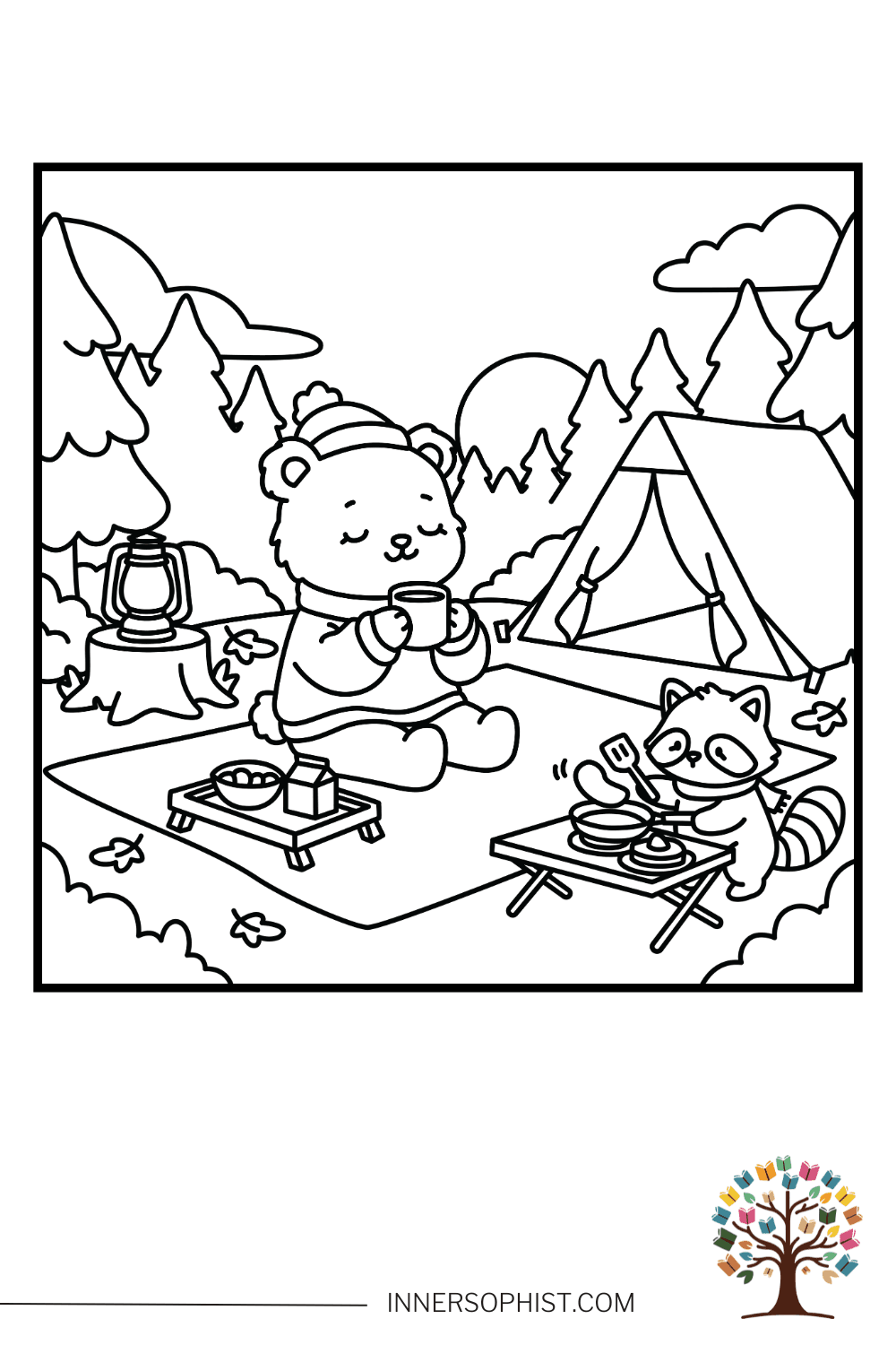Cute bear wearing beanie drinking from mug and raccoon eating pancakes while camping in forest with tent lantern mountains and fall leaves coloring page