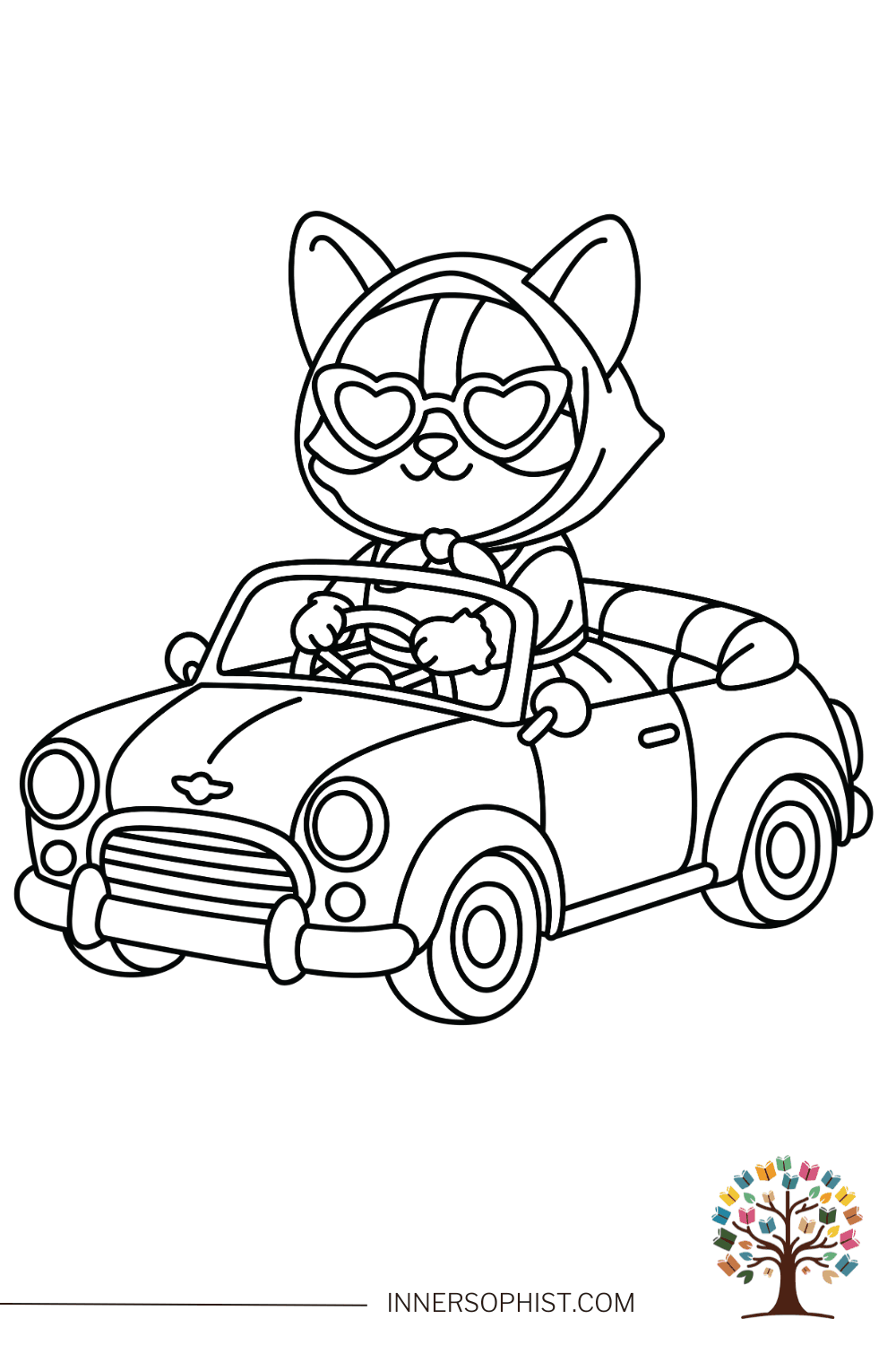 Stylish kawaii corgi wearing heart shaped sunglasses hoodie and bow driving cute retro convertible car coloring page
