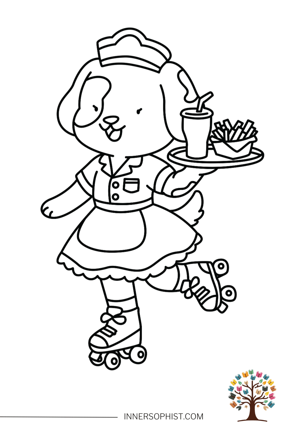 Cute puppy dog roller skating carhop waitress in 1950s retro diner uniform carrying tray with drink and french fries coloring page