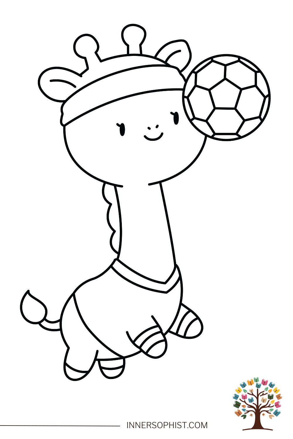 Cute kawaii giraffe playing World Cup soccer heading football wearing jersey headband and striped socks simple coloring page for kids
