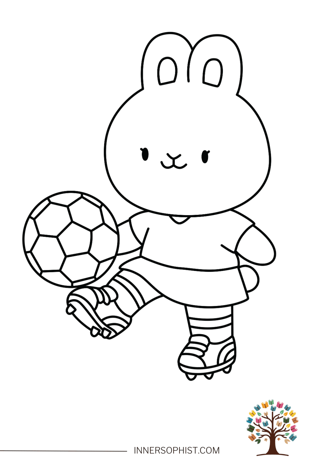 Cute kawaii bunny rabbit playing World Cup soccer kicking football wearing jersey striped socks and cleats coloring page