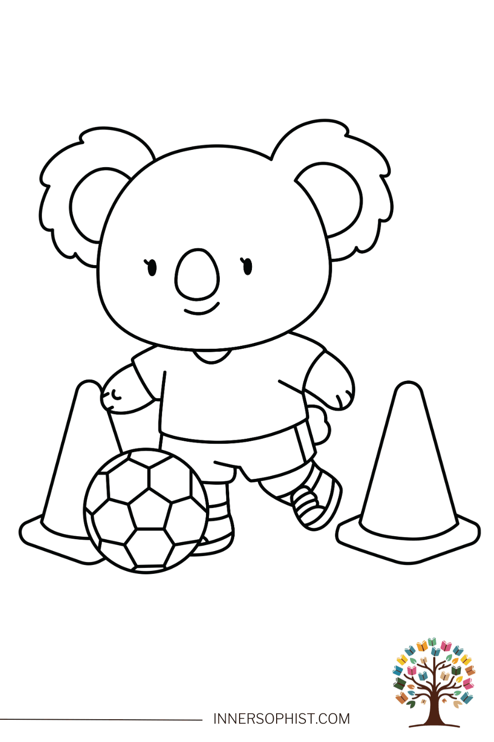 Cute kawaii koala practicing World Cup soccer drills with football and training cones wearing jersey and cleats coloring page for kids