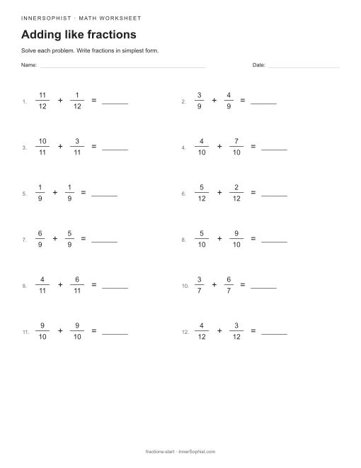 Adding like fractions printable math worksheet